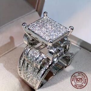 Exaggerated 925 Sterling Silver Ring Full White Synthetic Zirconia Engagement Jewelry for Women Valentine's Day Gift