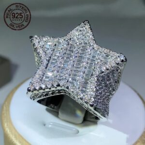 Luxury 925 Sterling Silvery Ring Ice Out Sparkling Zirconia Rappers HipHop Ring Star Shape Rings For Men Exaggerated Jewelry